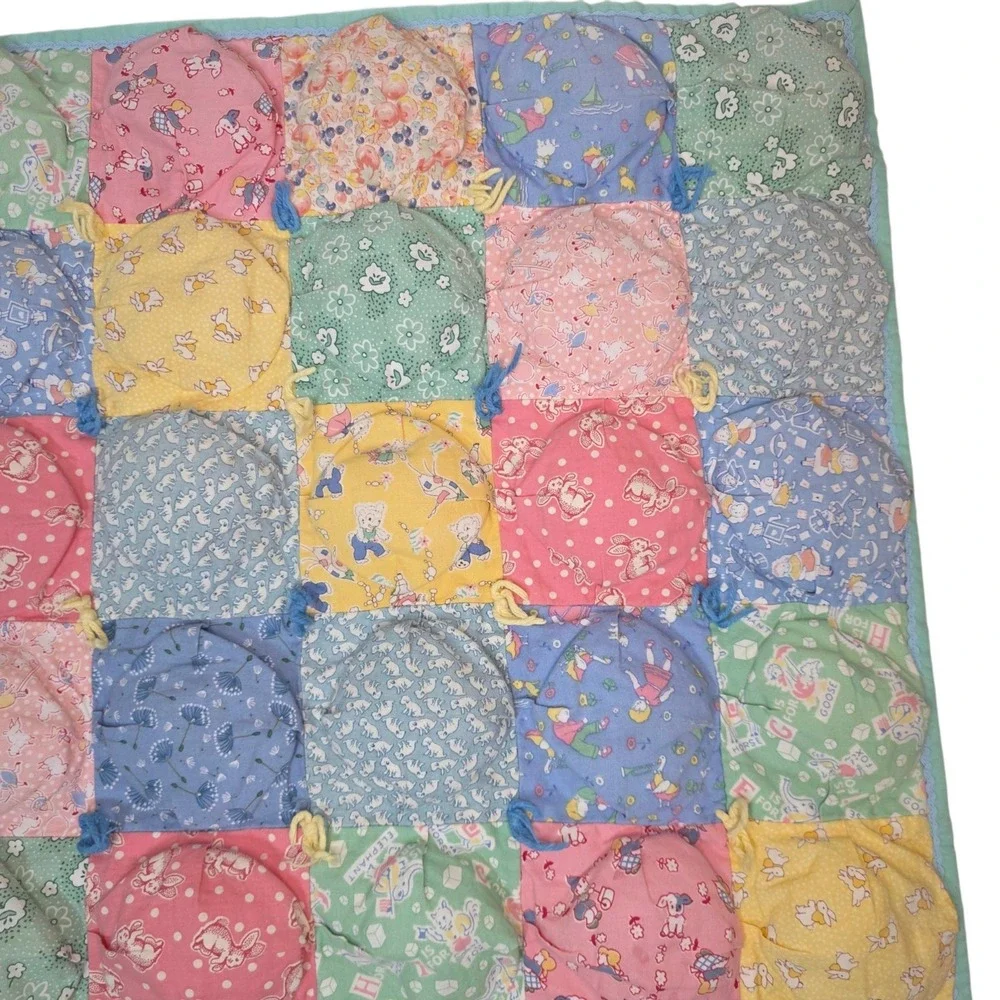 Vintage Handmade Pastel Floral Puff Biscuit Baby Quilt Patchwork Cottagecore